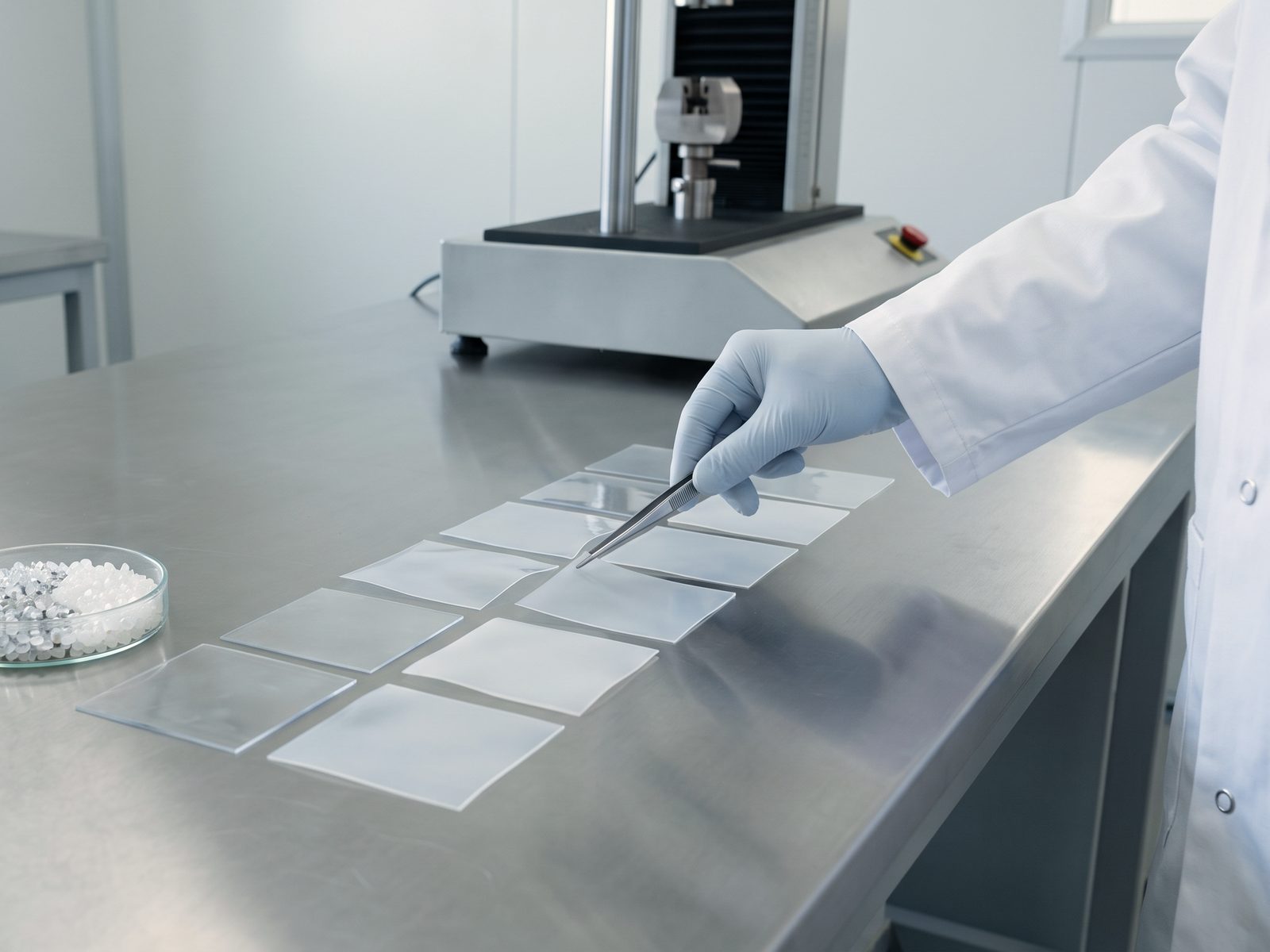 Folienproben und Kunststoffgranulat auf einem Labortisch, eine Hand richtet eine Probe mit der Pinzette
