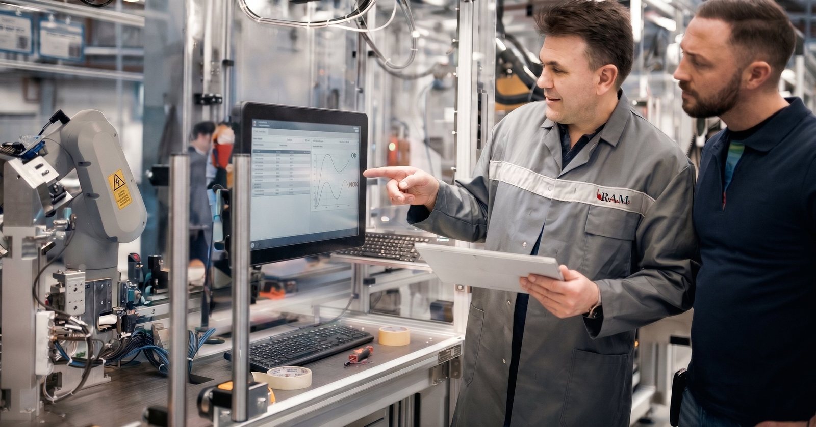 Mitarbeiter der R.A.M. GmbH erläutert einem Kunden Messwerte am Bildschirm einer Anlage