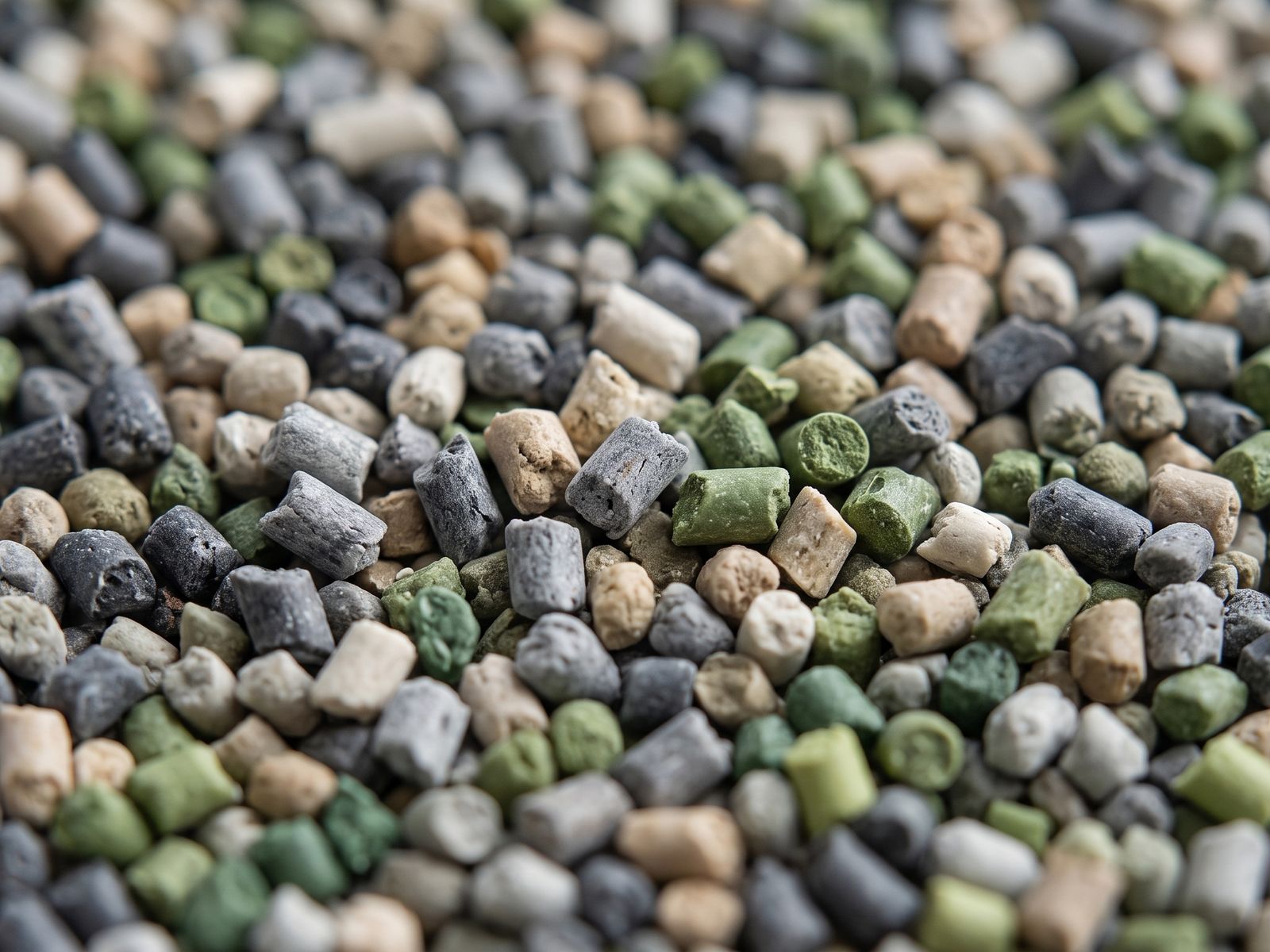 Macro shot of regranulate from recycled polyethylene in various colours
