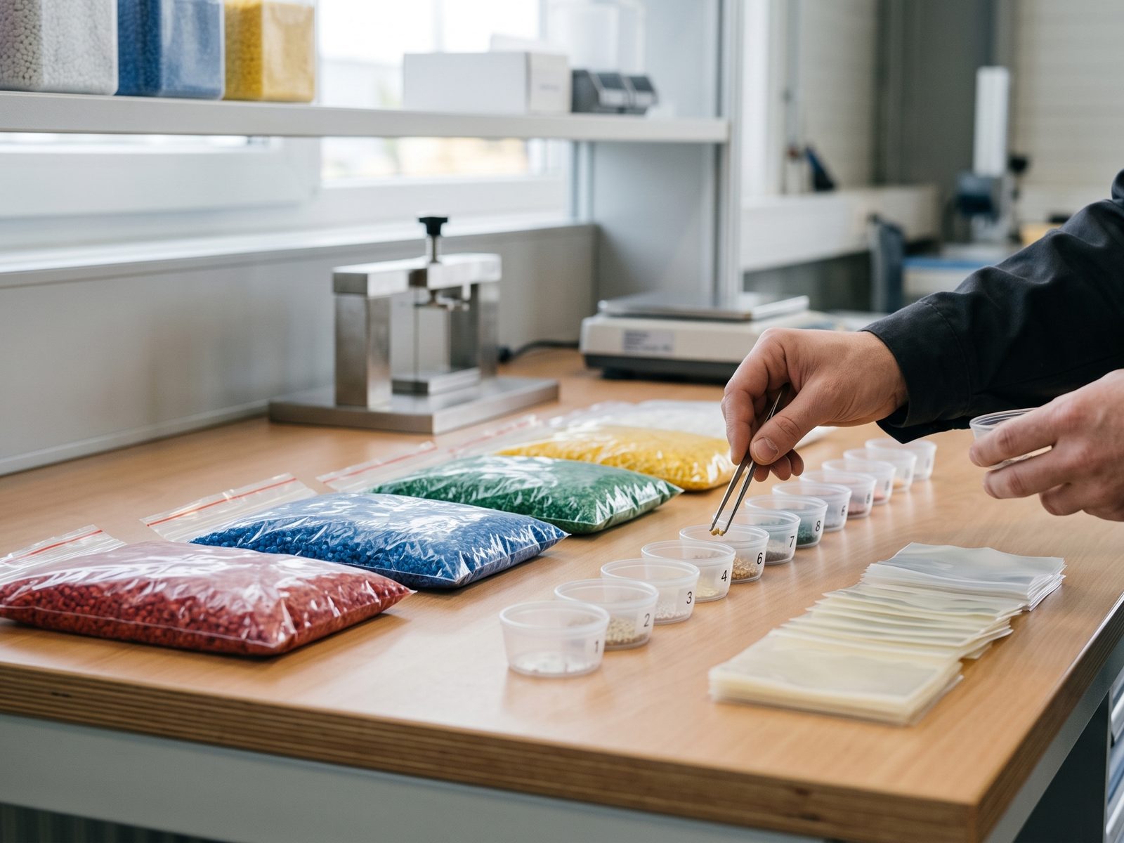 Granulate samples in bags and numbered dishes on a test bench, next to film cut-outs